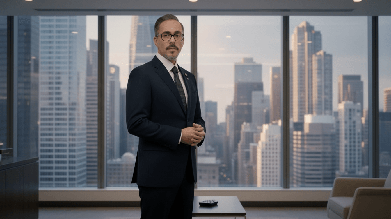 A business leader speaking at a conference.